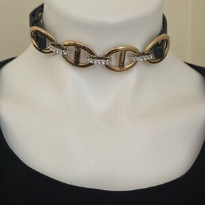 ANN TAYLOR Gold Signed Almond Shape Rings Black Rhinestone Belt Choker Necklace